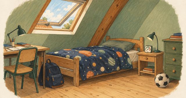 Dessin d'une chambre d'enfant sous le toit : lit à la couette planètes, fenêtre de toit ouverte, bureau d'écolier, cartable et ballon