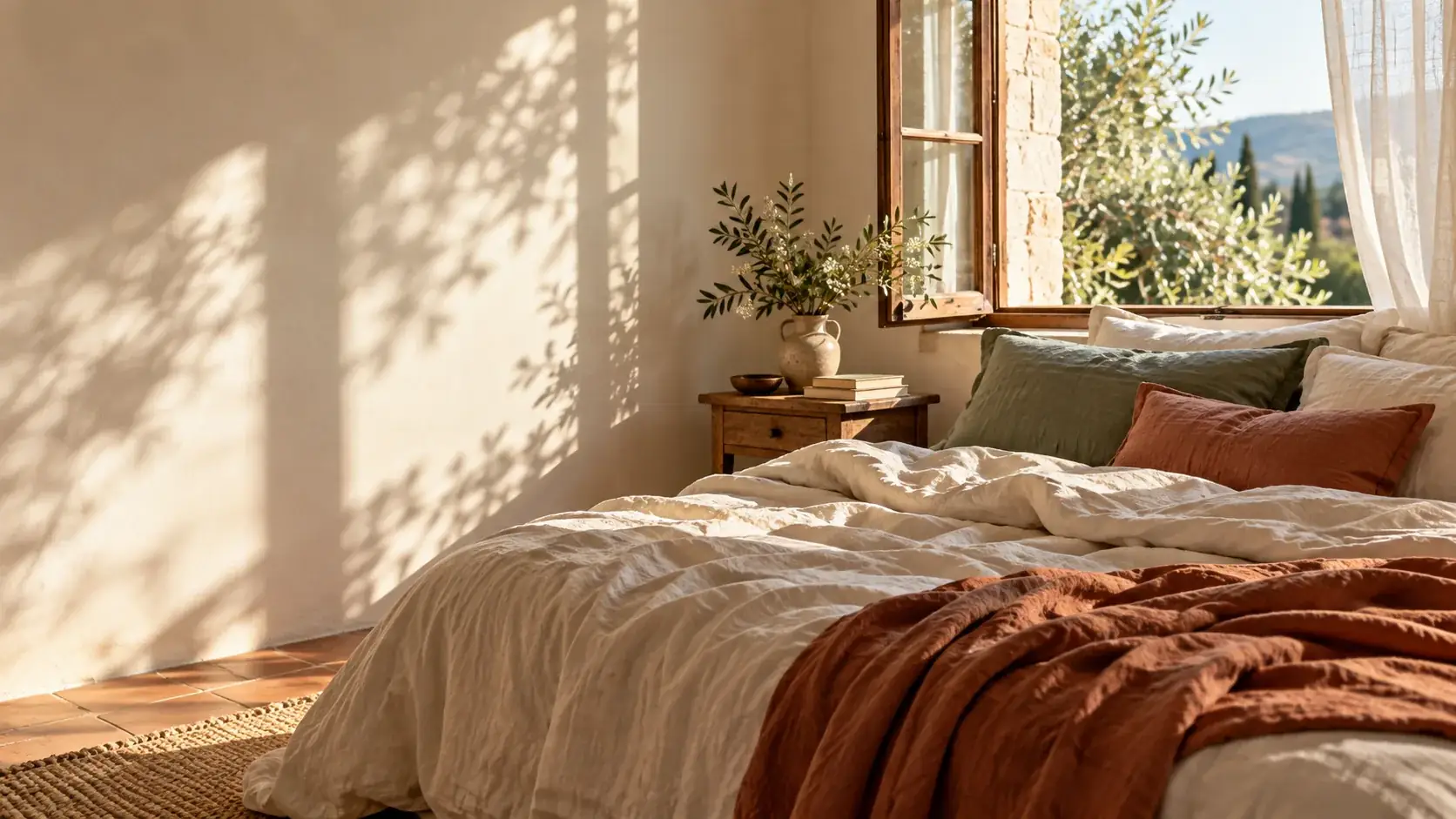 Une chambre lumineuse au matin, fenêtre ouverte et linge aux tons naturels
